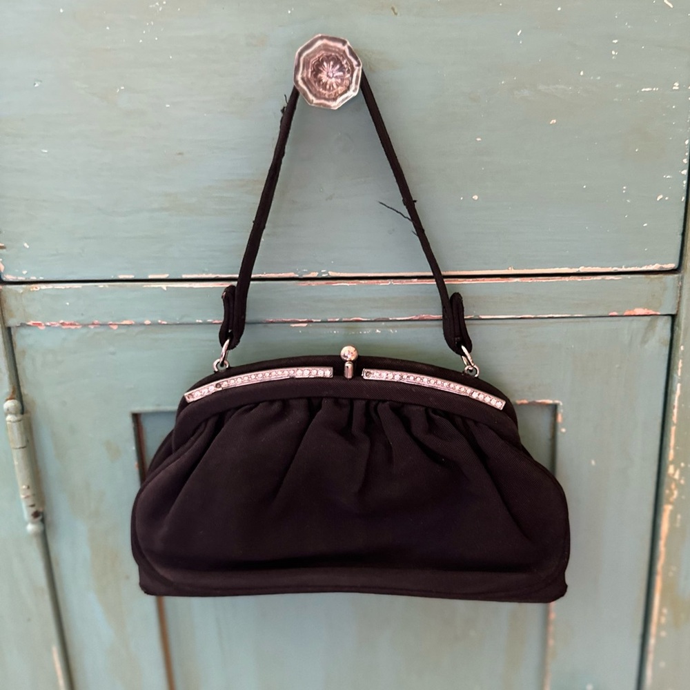 Vintage Black Fabric Clutch with Rhinestone Trim by L & M Spotlight Exclusive